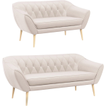 Komplet wypoczynkowy z dwu i trzyosobową sofą tapicerowaną jasnobeżowym welurem PIRS 3+2 na wysokich nóżkach z drewna