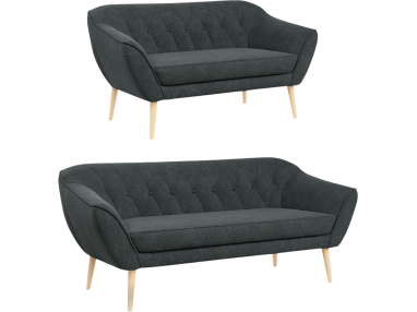 Dwuelementowy skandynawski zestaw wypoczynkowy ciemnoszary ze sprężynowymi sofami PIRS 3+2, plecionkowy