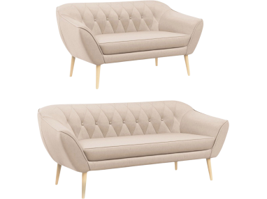 Skandynawski zestaw mebli wypoczynkowych do salonu PIRS 3+2 z dwoma sofami w welurowej beżowej tapicerce