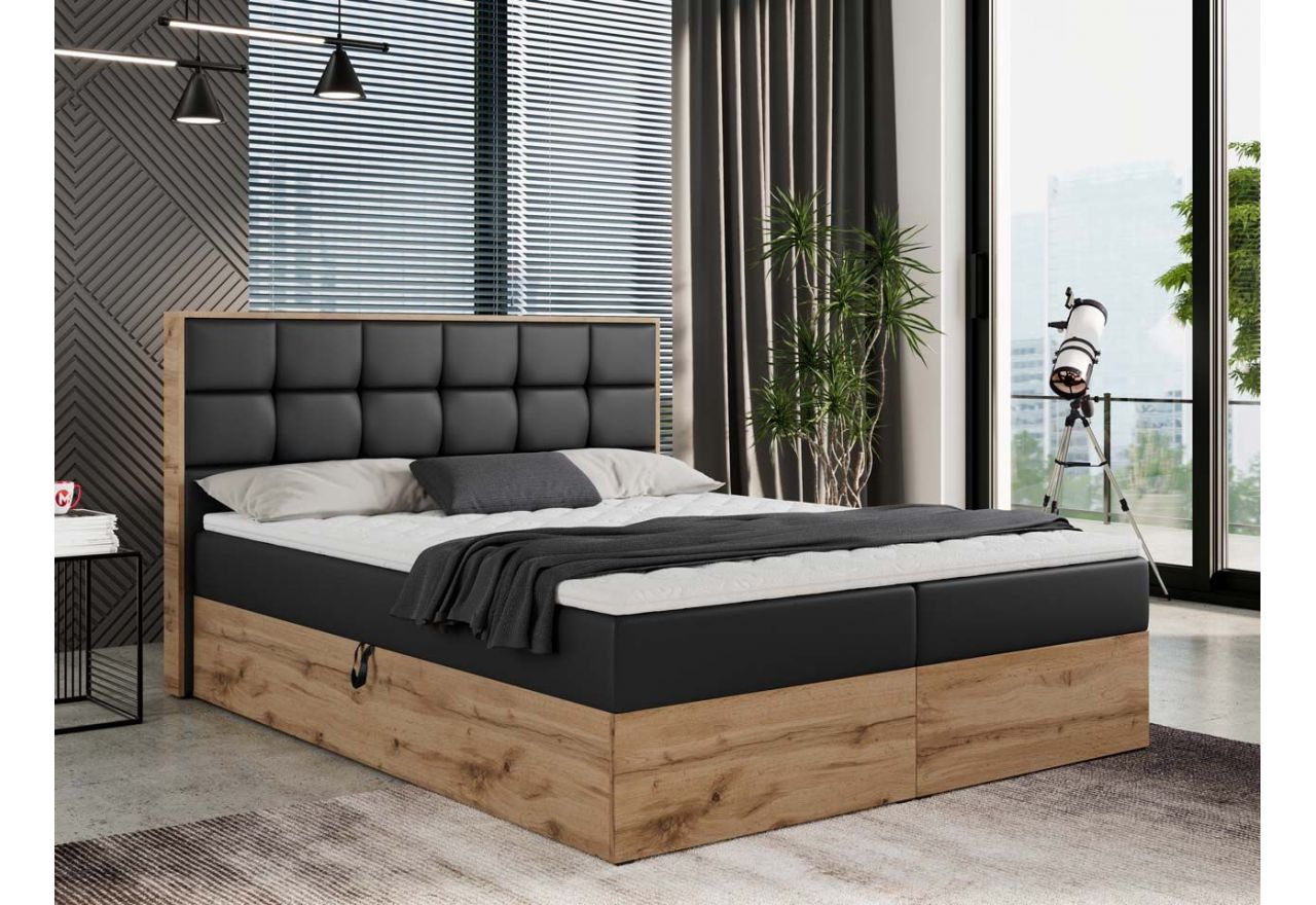 Podwójne, stylowe łóżko kontynentalne z pojemnikami na pościel i przeszywanym wezgłowiem - ALBERO 1 200x200 czarna ecoskóra
