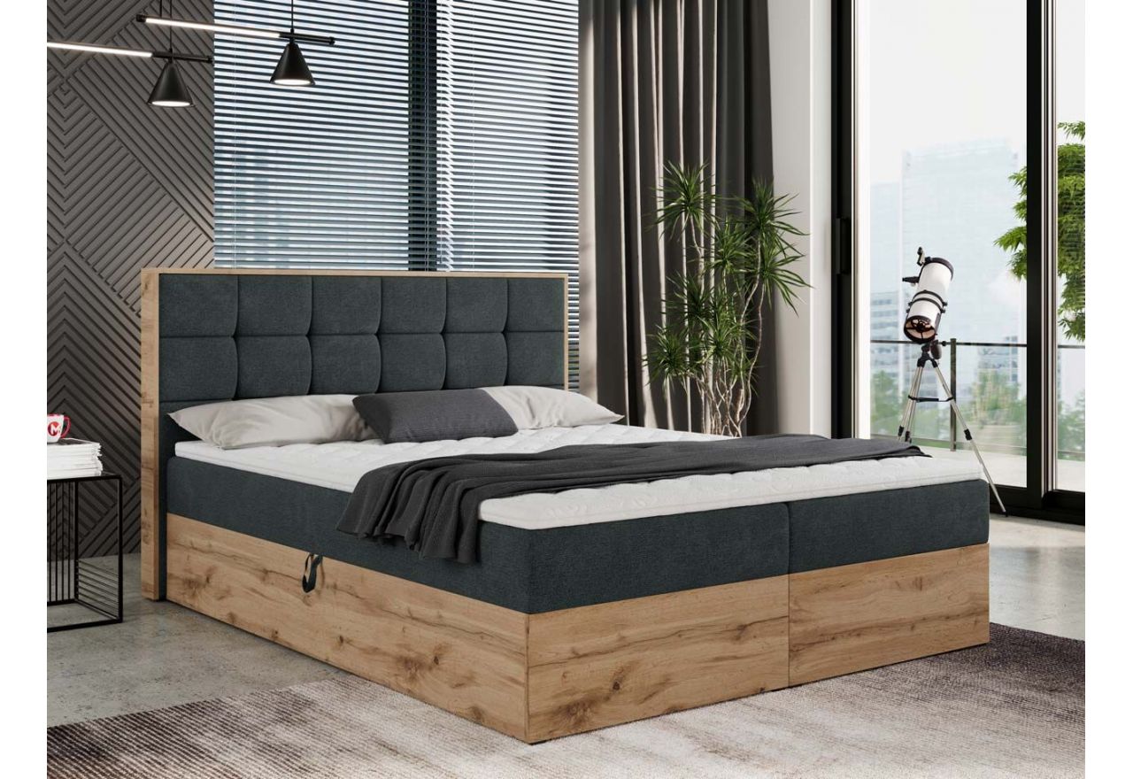 Wygodne łóżko kontynentalne z pojemnikiem na pościel i przeszywanym wezgłowiem - ALBERO 1 160x200 ciemny szary