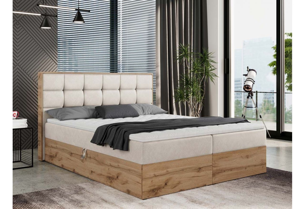 Gustowne łóżko kontynentalne z przeszywanym wezgłowiem i dwoma pojemnikami - ALBERO 1 140x200 kremowy