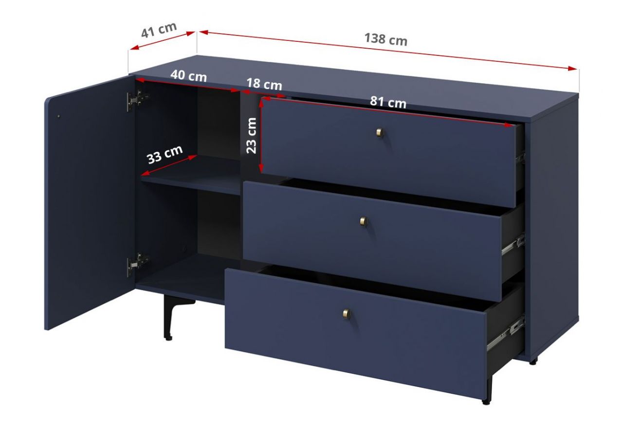 Nowoczesna granatowa komoda z szufladami do salonu lub sypialni CORSU 140 cm