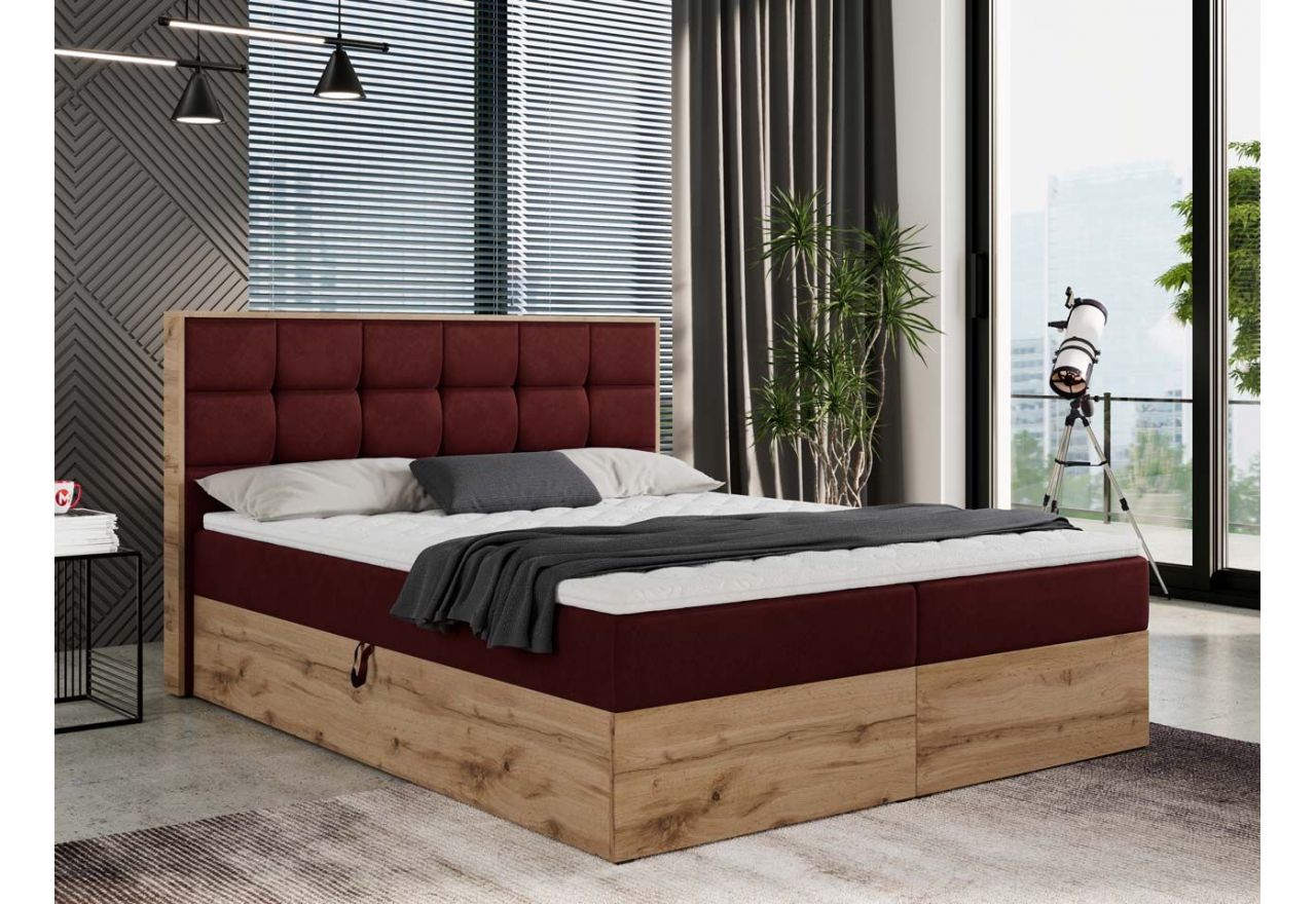 Podwójne łóżko kontynentalne wysokie z dwoma pojemnikami na pościel, obite tkaniną typu welwet - ALBERO 1 180x200 czerwony