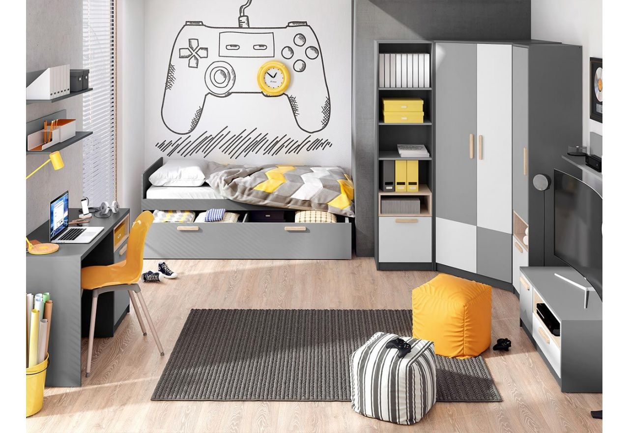 Jednodrzwiowa uchylna szafa z szufladą i otwartą wnęką PARIO 40 cm, grafit/buk ibsen/szary jasny