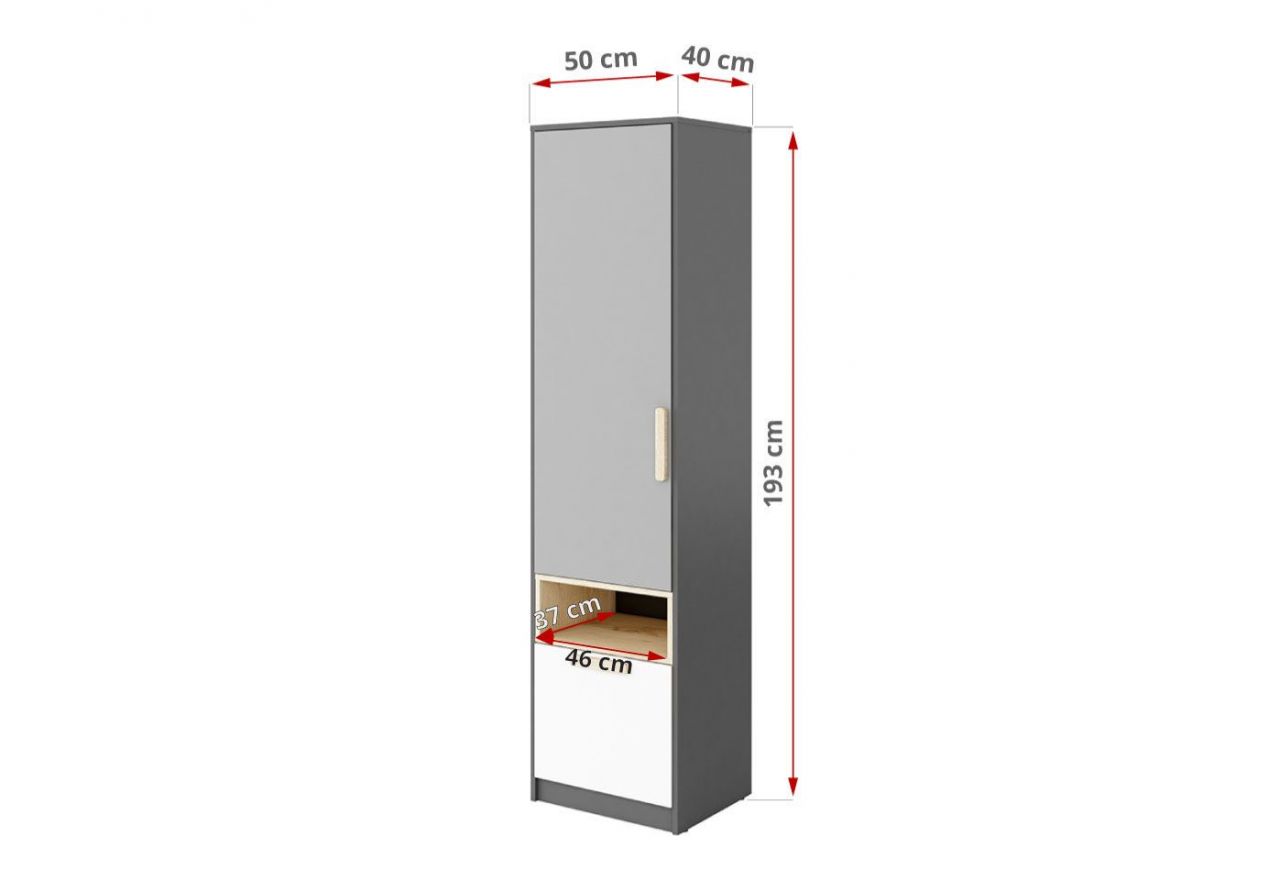 Jednodrzwiowa uchylna szafa z szufladą i otwartą wnęką PARIO 40 cm, grafit/buk ibsen/szary jasny