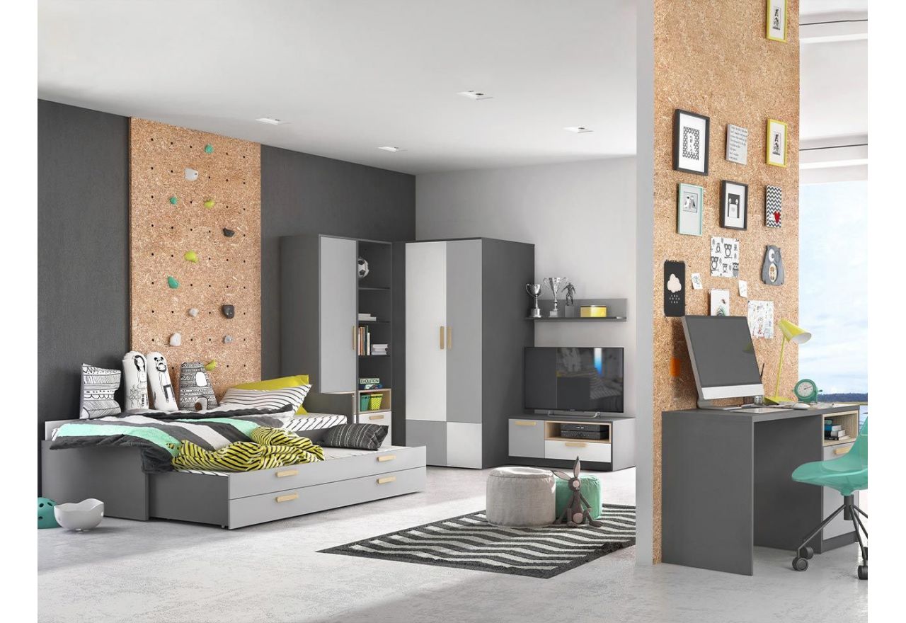 Jednodrzwiowa uchylna szafa z szufladą i otwartą wnęką PARIO 40 cm, grafit/buk ibsen/szary jasny