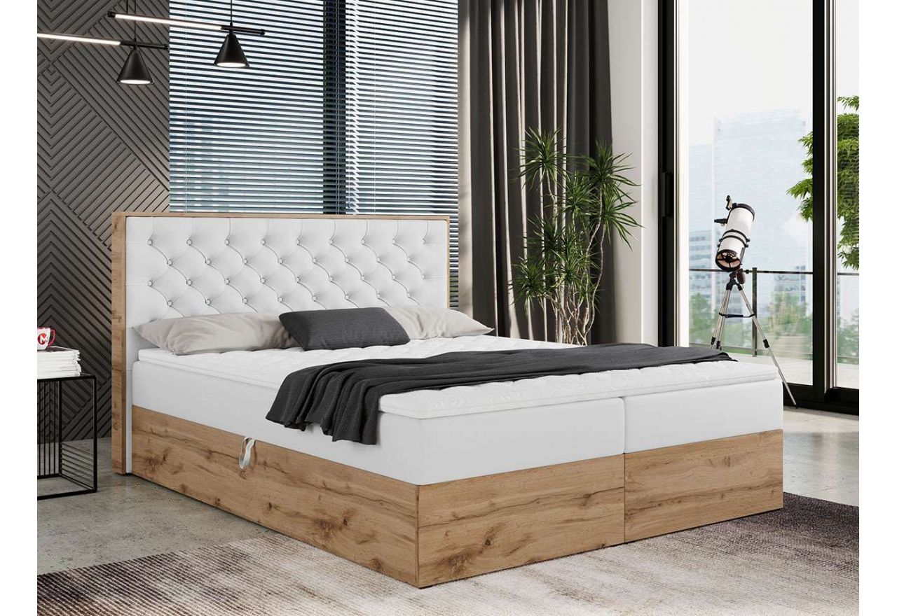 Loftowe łóżko kontynentalne z drewnianą skrzynią, sprężynowym materacem i topperem, ALBERO 3 biała ecoskóra 160x200