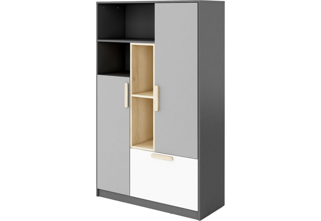 Praktyczna komoda dwudrzwiowa do pokoju młodzieżowego PARIO 100 cm z szufladą i otwartymi półkami, grafit/buk ibsen/szary jasny
