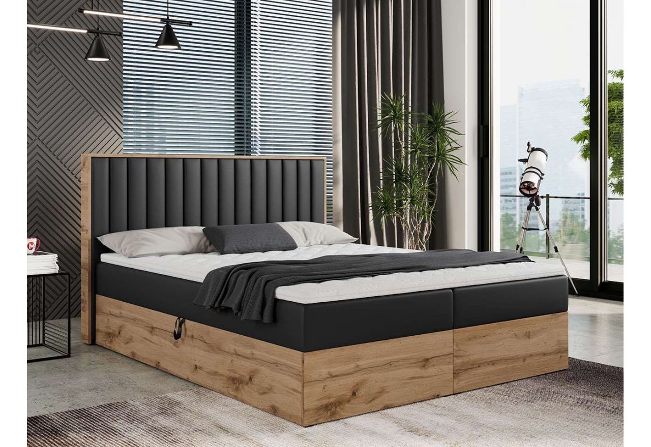 Podwójne łóżko kontynentalne z przeszywanym wezgłowiem i opcją wyboru tkaniny - ALBERO 4 czarna ecoskóra 180x200