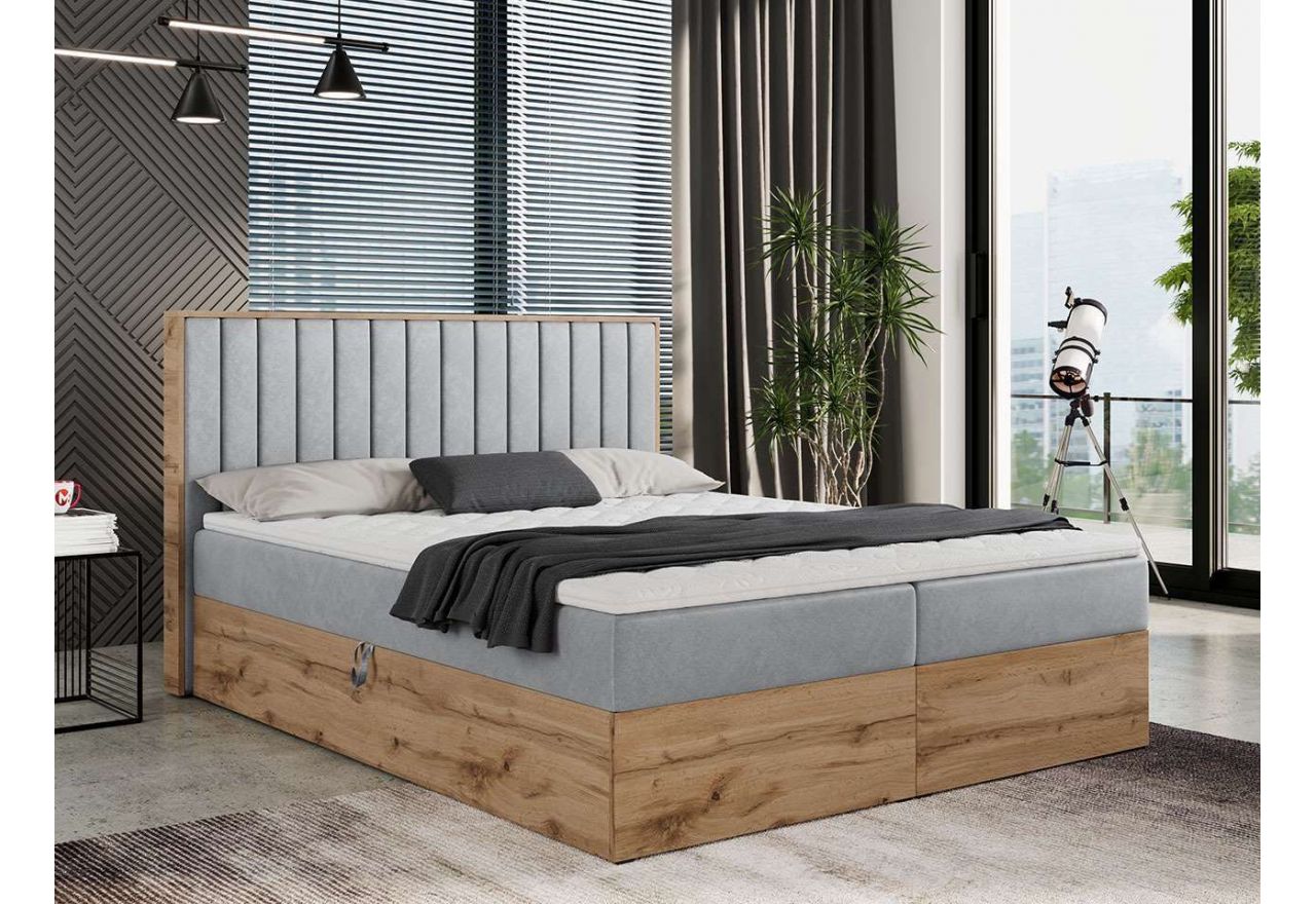 Funkcjonalne łóżko kontynentalne z pojemnikami na pościel i skrzynią w kolorze dąb wotan - ALBERO 4 140x200 jasny szary