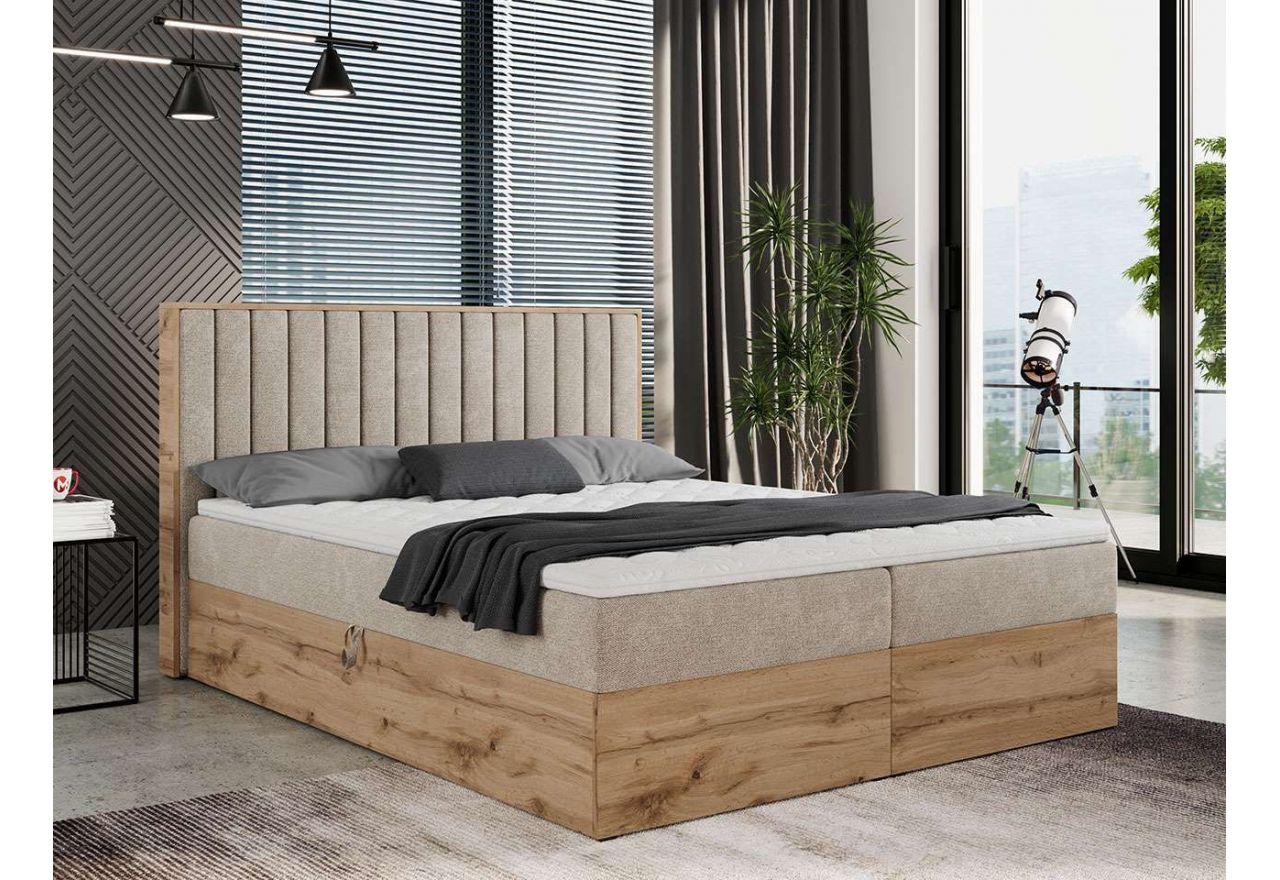 Stylowe łóżko kontynentalne z przeszywanym w pionowe pasy wezgłowiem i skrzynią dąb wotan - ALBERO 4 120x200 beżowy