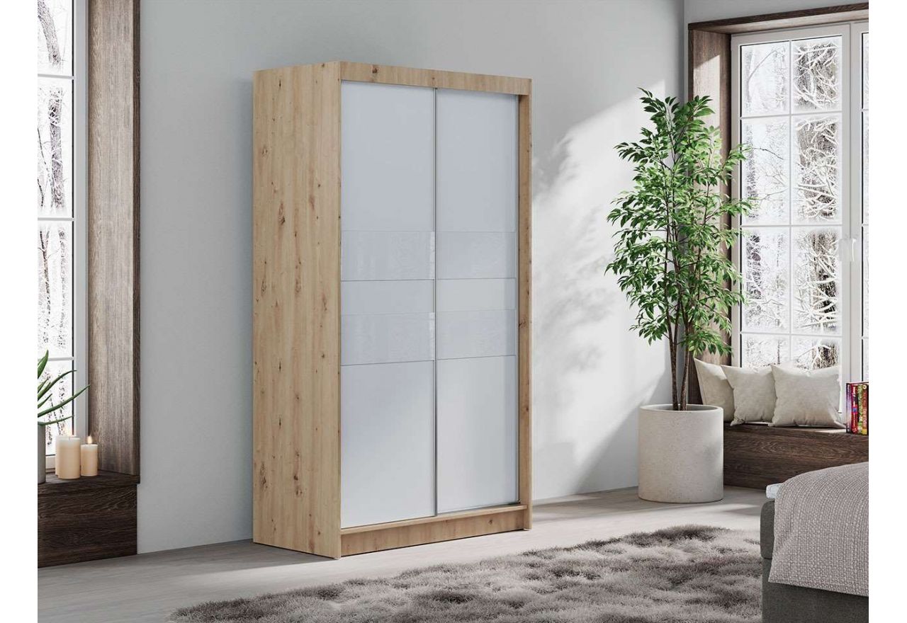 Szafa przesuwna z białymi drzwiami i korpusem dąb artisan,  białe szkło lacobel na frontach, FINLANDIA 120 cm