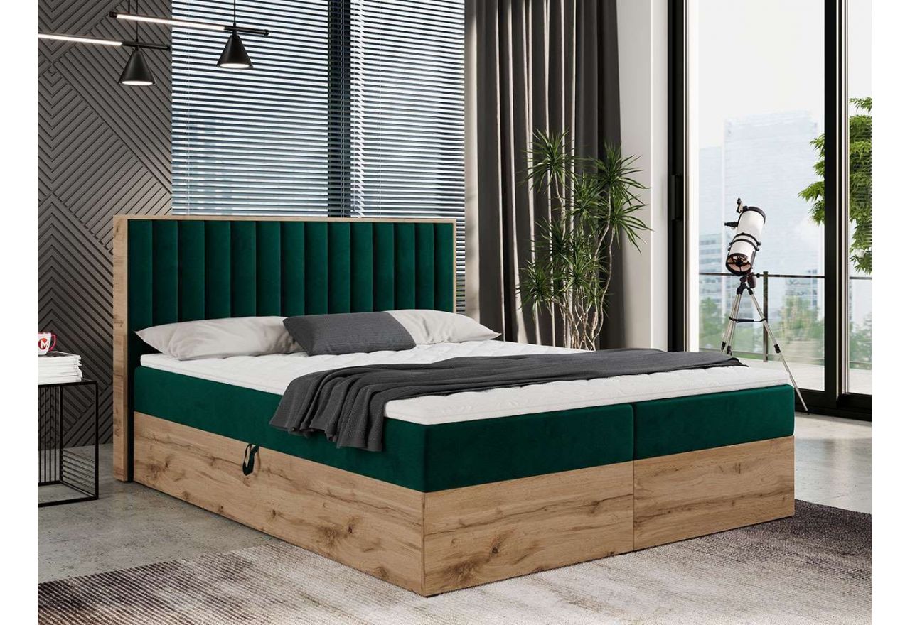 Modne łóżko kontynentalne z dwoma pojemnikami na pościel i wysokim wezgłowiem - ALBERO 4 120x200 butelkowa zieleń