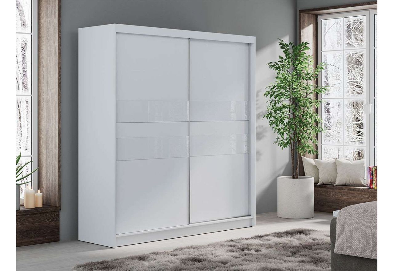 Biała minimalistyczna szafa z przesuwnymi drzwiami ozdobionymi białym szkłem lacobel, FINLANDIA 200 cm