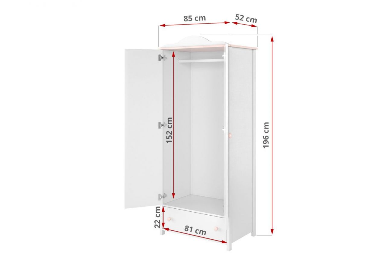 Biała dwudrzwiowa szafa do pokoju dziewczynki NABLO 80 cm biel alpejska/róż uchylne drzwi