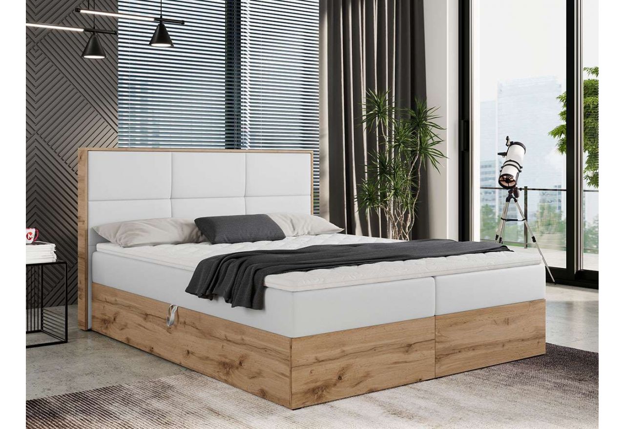 Drewniane łóżko kontynentalne ALBERO 2 ze sprężynowym materacem i podwójnym pojemnikiem na pościel, biała ecoskóra, 180x200