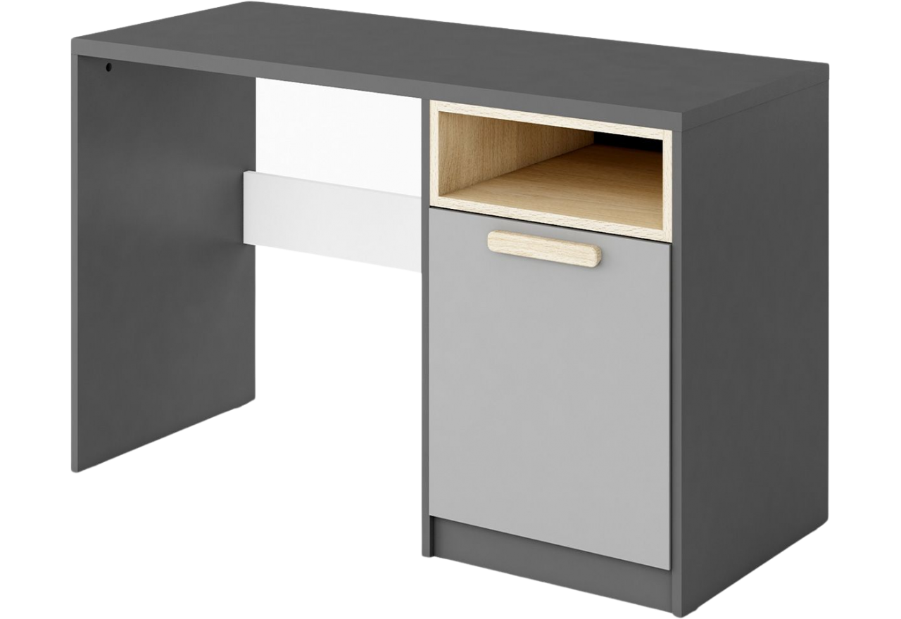 Młodzieżowe biurko PARIO 120 cm z szafką i otwartą wnęką, grafit/buk ibsen/szary jasny