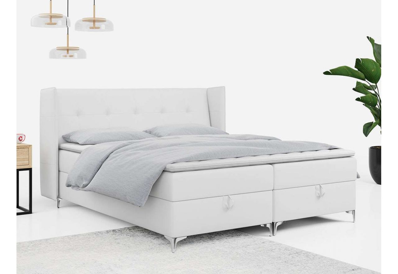 Łóżko kontynentalne LONEDO z dwoma materacami i wysokim wezgłowiem, biała ecoskóra, 140x200