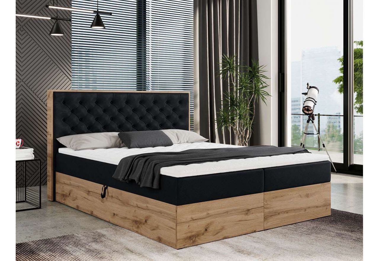 Loftowe łóżko kontynentalne tapicerowane z dwoma pojemnikami na pościel i skrzynią dąb wotan - ALBERO 3 120x200 czarny