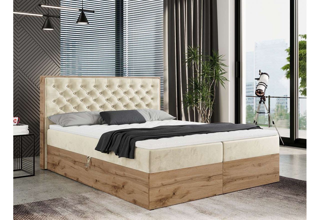 Wygodne łóżko kontynentalne z pikowanym wezgłowiem i skrzynią w kolorze dąb wotan - ALBERO 3 120x200 kremowy