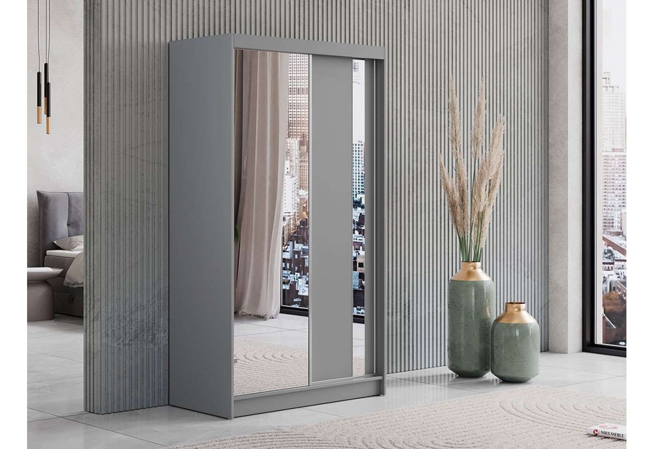 Matowa szara szafa przesuwna z lustrami na drzwiach i ergonomicznym wnętrzem GRECJA, 120 cm