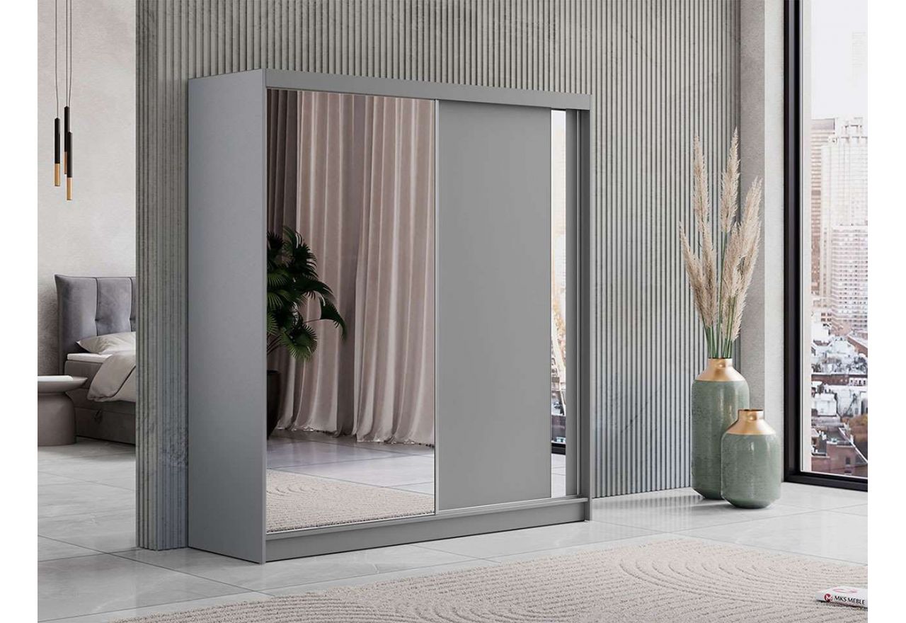 Szeroka, minimalistyczna szafa dwudrzwiowa GRECJA 200 cm, z lustrami i przesuwnymi drzwiami, szara