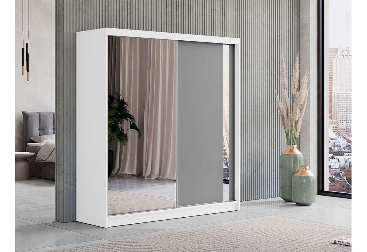 Biała, dwudrzwiowa szafa przesuwna z lustrem i pojemnym wnętrzem, GRECJA 200 cm