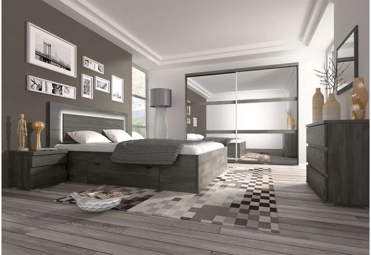 Stylowy i nowoczesny zestaw mebli do sypialni z podświetlanym wezgłowiem łóżka - LUNGO Sosna czarna norweska