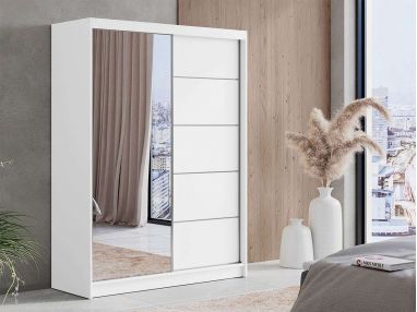 Biała szafa przesuwna MACEDONIA z lustrem 160 cm i funkcjonalnym układem półek