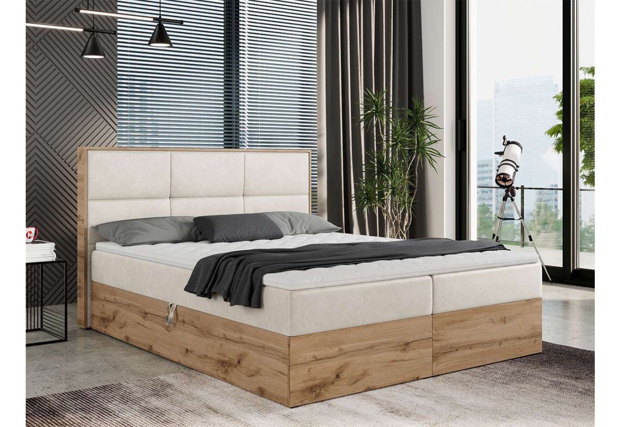 Praktyczne łóżko kontynentalne tapicerowane w industrialnym stylu, ze skrzynią dąb wotan - ALBERO 2 120x200 kremowy