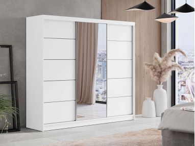 Szeroka szafa przesuwna, trzydrzwiowa 240 cm MACEDONIA biała z lustrem do sypialni