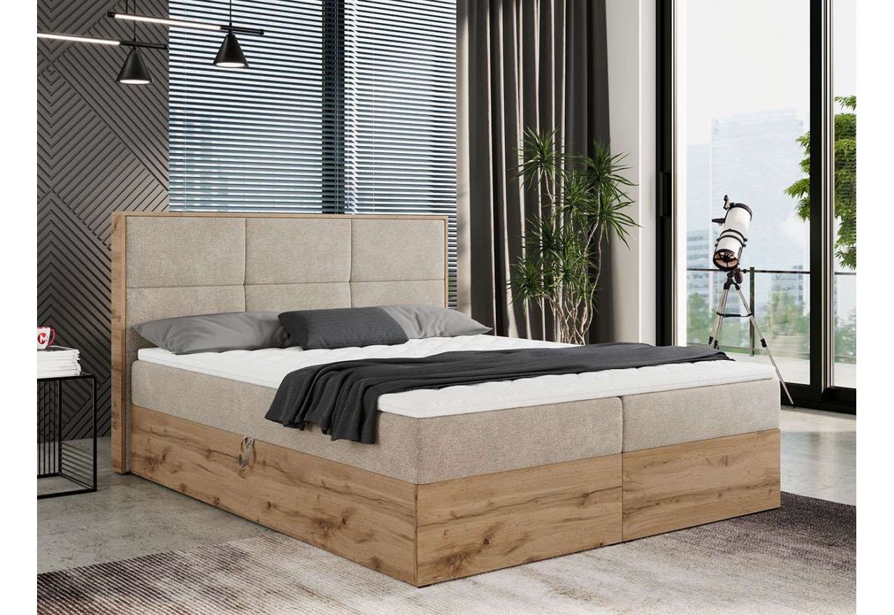 Funkcjonalne łóżko kontynentalne z dwoma materacami i skrzynią w kolorze dąb wotan - ALBERO 2 160x200 beżowy