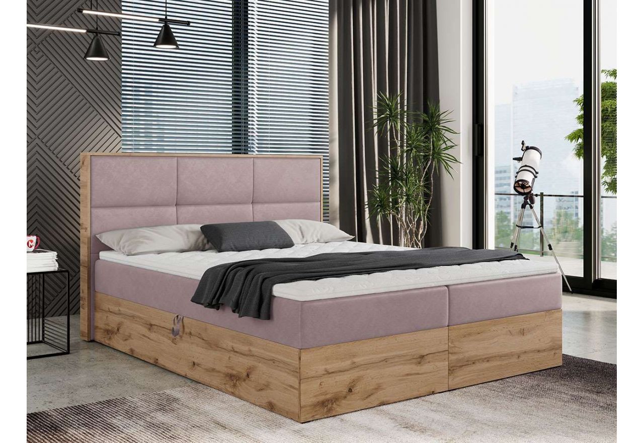 Dwuosobowe łóżko kontynentalne w loftowym designie z dwoma materacami i skrzynią dąb wotan - ALBERO 2 140x200 różowy