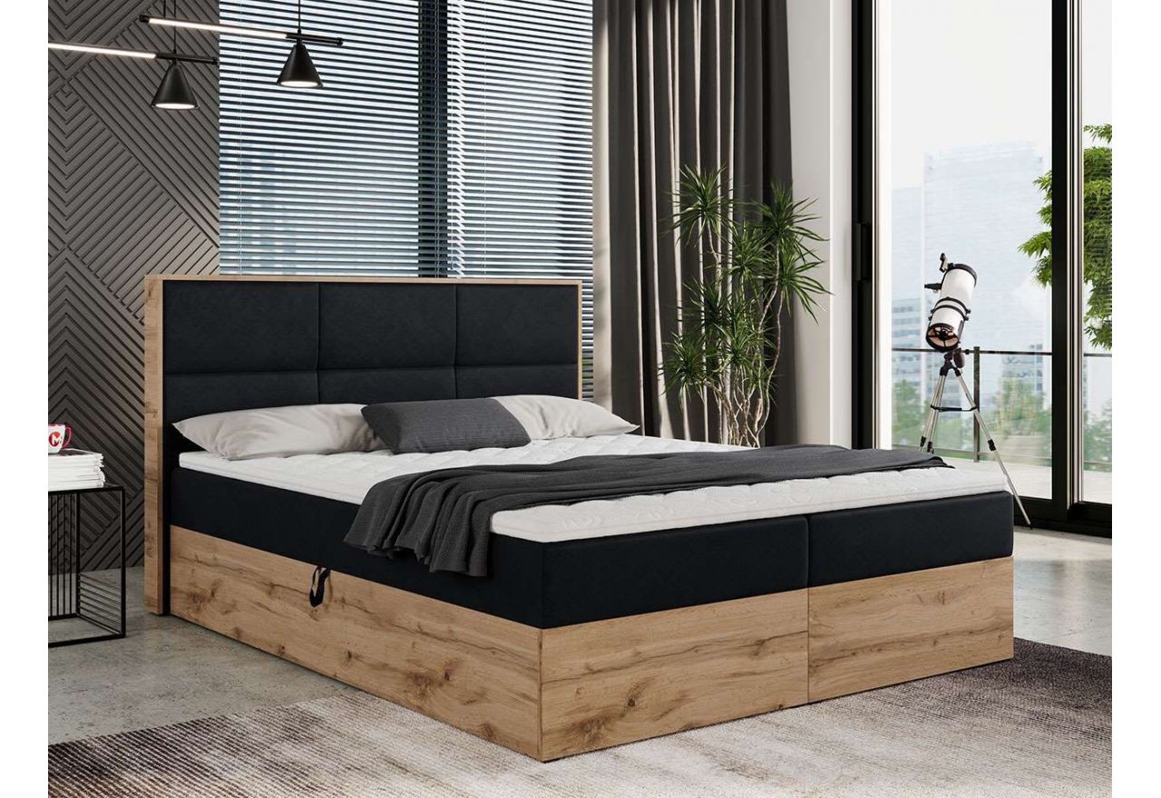 Praktyczne łóżko kontynentalne wysokie, z dwoma materacami i skrzynią w kolorze dąb wotan - ALBERO 2 120x200 czarny
