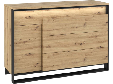 Praktyczna komoda 130 cm do salonu i sypialni FIBARO, z oświetleniem LED i pojemnymi szufladami, dąb artisan