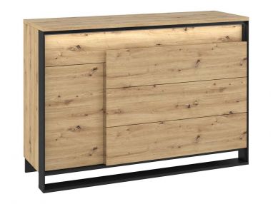 Praktyczna komoda 130 cm do salonu i sypialni FIBARO, z oświetleniem LED i pojemnymi szufladami, dąb artisan