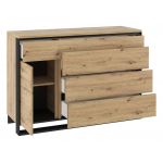 Praktyczna komoda 130 cm do salonu i sypialni FIBARO, z oświetleniem LED i pojemnymi szufladami, dąb artisan