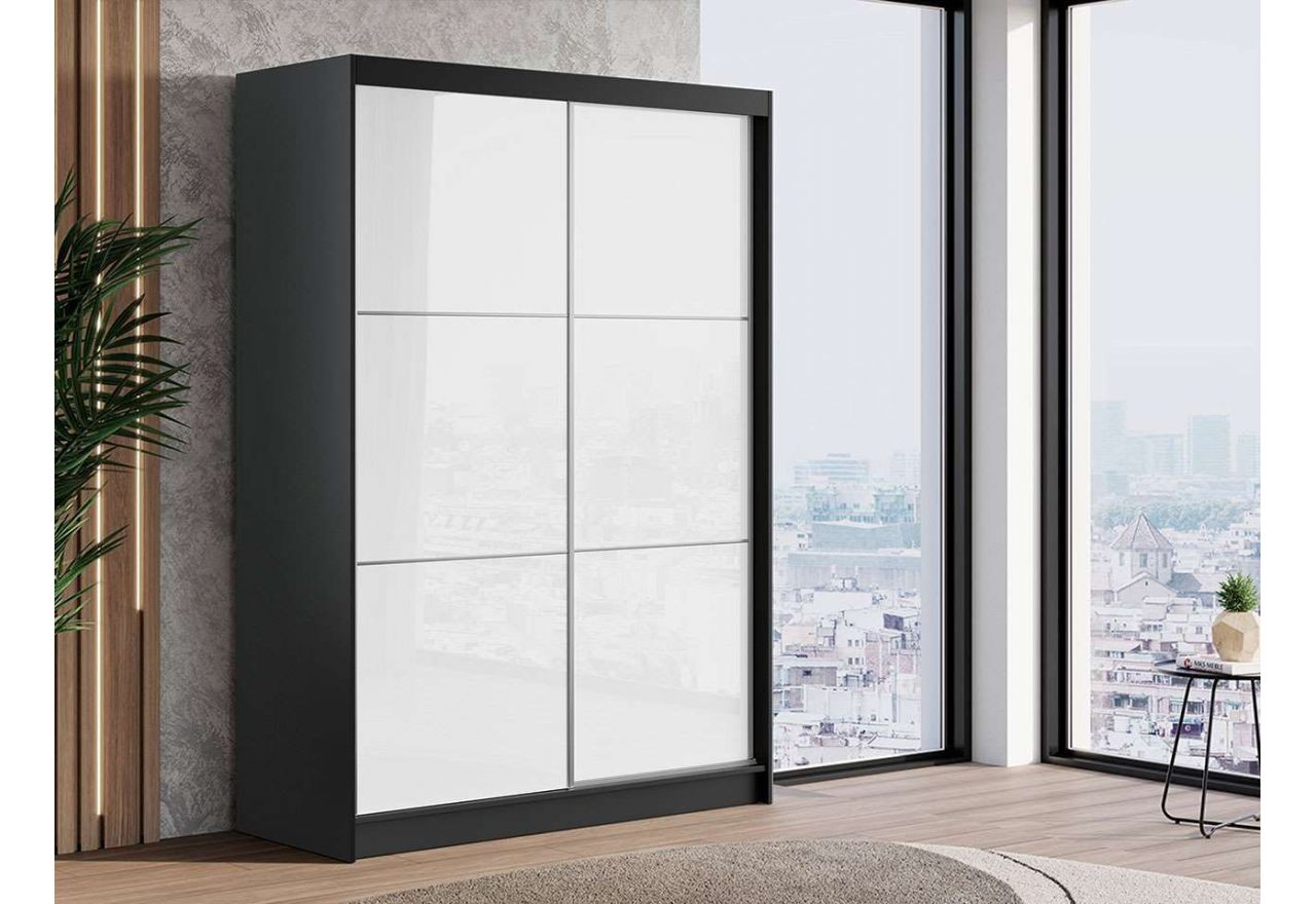 Funkcjonalna szafa do nowoczesnej sypialni, WALENCJA 150 cm, czarna, z białym szkłem lacobel