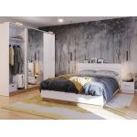 Łóżko drewniane 140x200 cm z pojemnikiem na pościel DEDIRI, z oświetleniem LED i półką w zagłówku, biel i dąb stirling