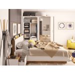 Łóżko drewniane 140x200 cm z pojemnikiem na pościel DEDIRI, z oświetleniem LED i półką w zagłówku, biel i dąb stirling