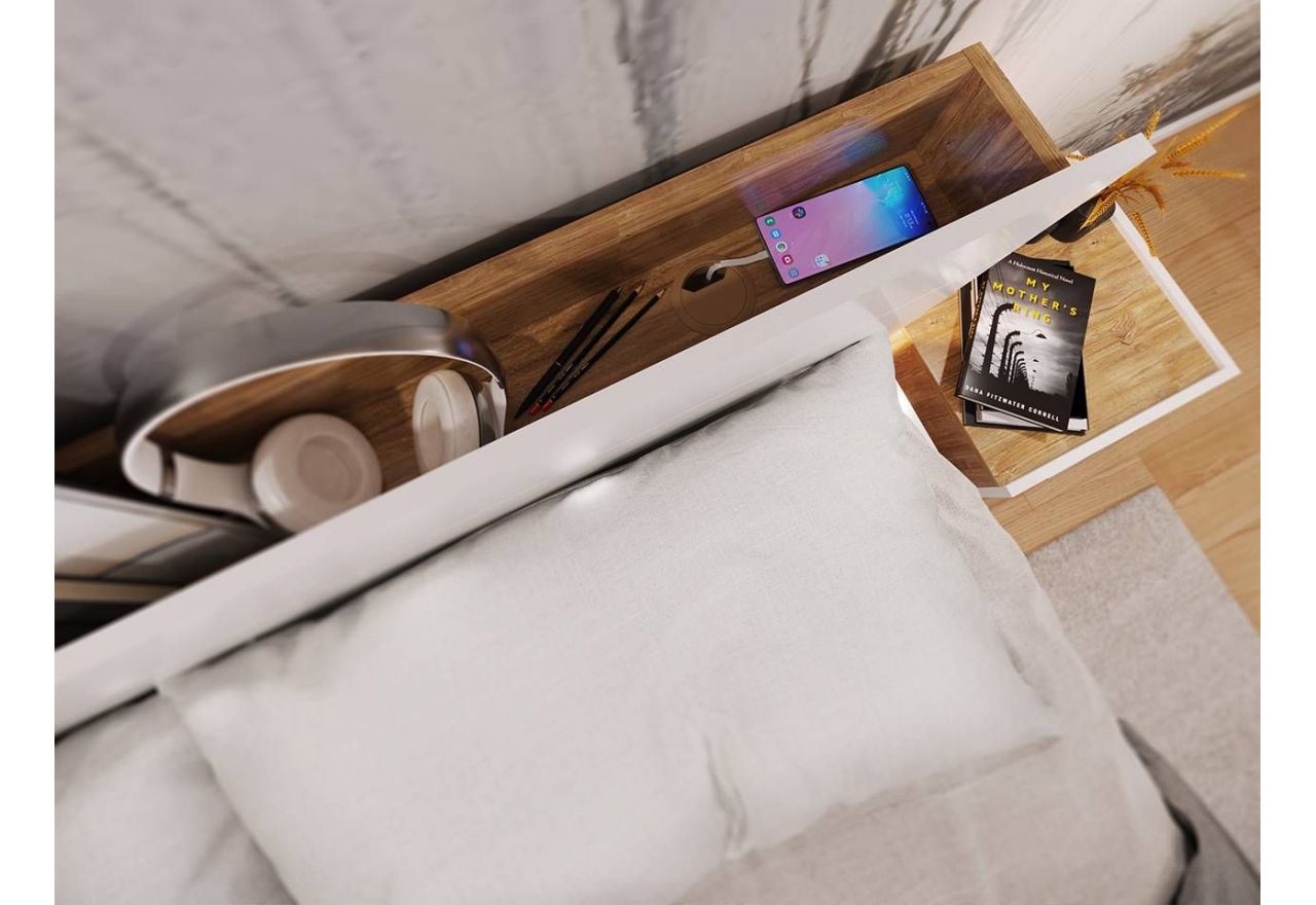 Łóżko drewniane 140x200 cm z pojemnikiem na pościel DEDIRI, z oświetleniem LED i półką w zagłówku, biel i dąb stirling