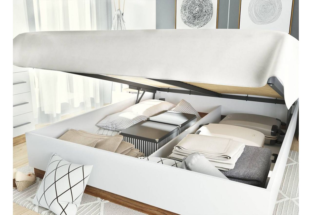 Łóżko drewniane 140x200 cm z pojemnikiem na pościel DEDIRI, z oświetleniem LED i półką w zagłówku, biel i dąb stirling