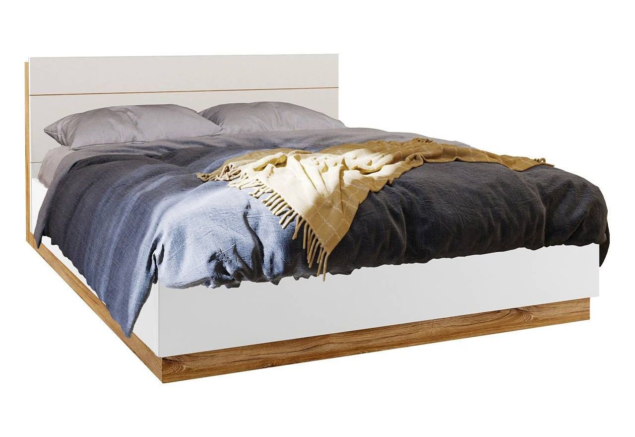Łóżko drewniane 140x200 cm z pojemnikiem na pościel DEDIRI, z oświetleniem LED i półką w zagłówku, biel i dąb stirling