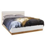 Łóżko drewniane 140x200 cm z pojemnikiem na pościel DEDIRI, z oświetleniem LED i półką w zagłówku, biel i dąb stirling