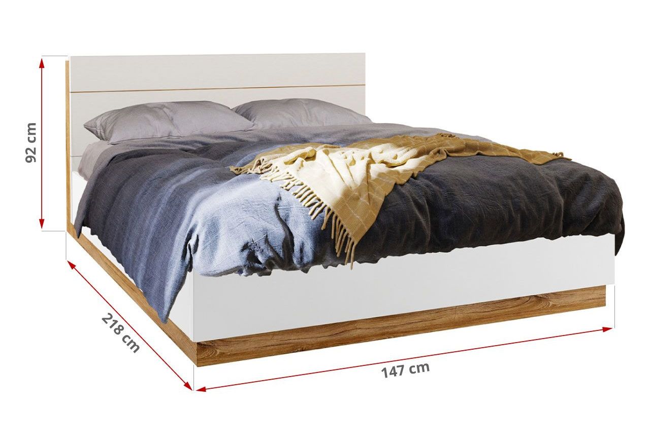 Łóżko drewniane 140x200 cm z pojemnikiem na pościel DEDIRI, z oświetleniem LED i półką w zagłówku, biel i dąb stirling