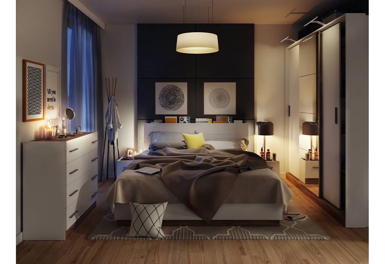 Dwuosobowe białe łóżko 160x200 do sypialni z pojemnikiem na pościel, oświetleniem LED i półką w wezgłowiu - DEDIRI