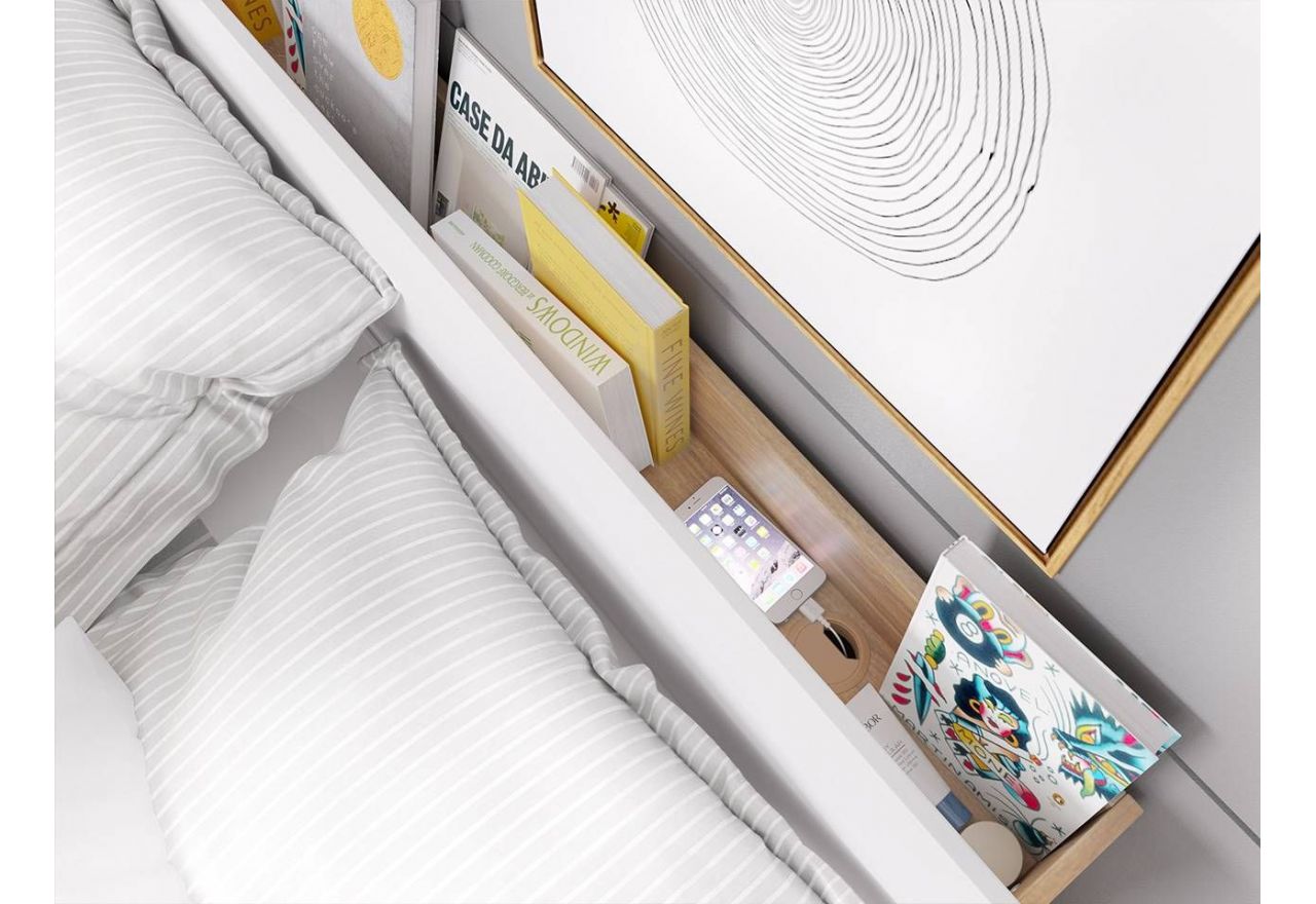 Dwuosobowe białe łóżko 160x200 do sypialni z pojemnikiem na pościel, oświetleniem LED i półką w wezgłowiu - DEDIRI