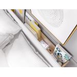 Dwuosobowe białe łóżko 160x200 do sypialni z pojemnikiem na pościel, oświetleniem LED i półką w wezgłowiu - DEDIRI