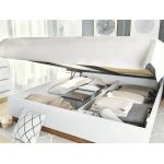 Dwuosobowe białe łóżko 160x200 do sypialni z pojemnikiem na pościel, oświetleniem LED i półką w wezgłowiu - DEDIRI